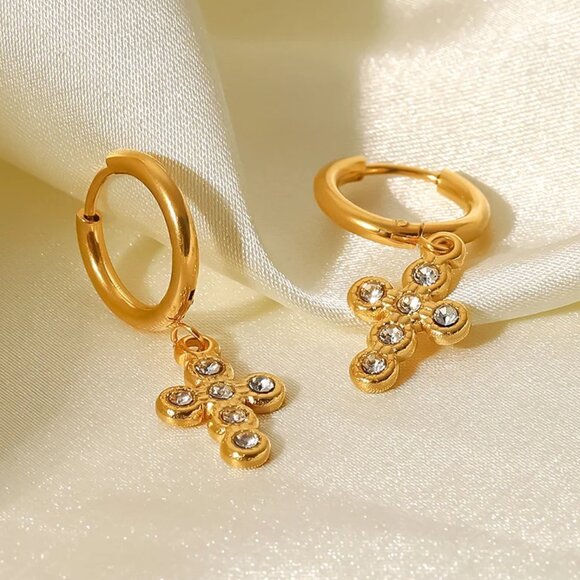 Zircon Cross‎ Dangle Hoop Earrings 18K Gold Plated Stainless Steel - Picture 1 of 8